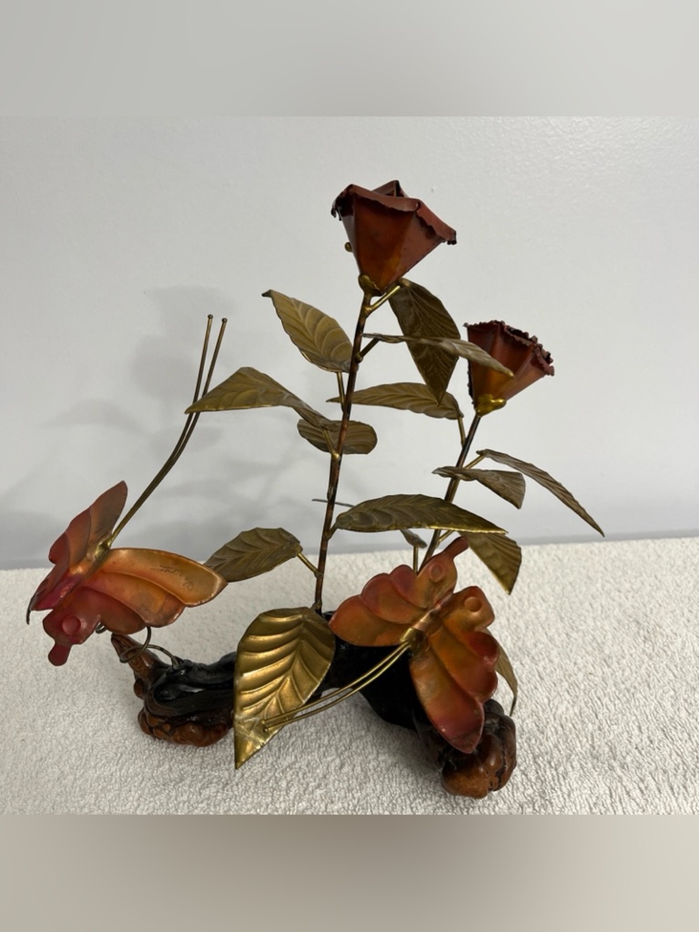 Vintage Metal Art Flower in Wood Burl Art Sculpture Brass Copper Rose Gold